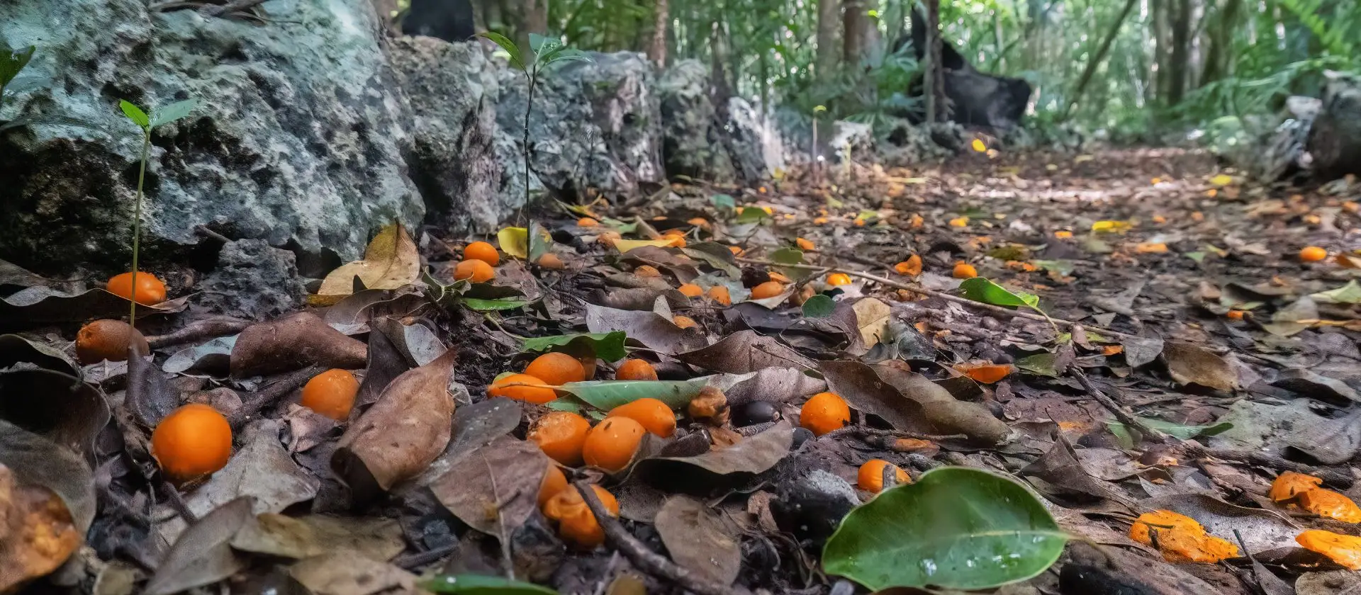 Frutos silvestres caídos en el sendero natural de Ojos Indígenas, Punta Cana