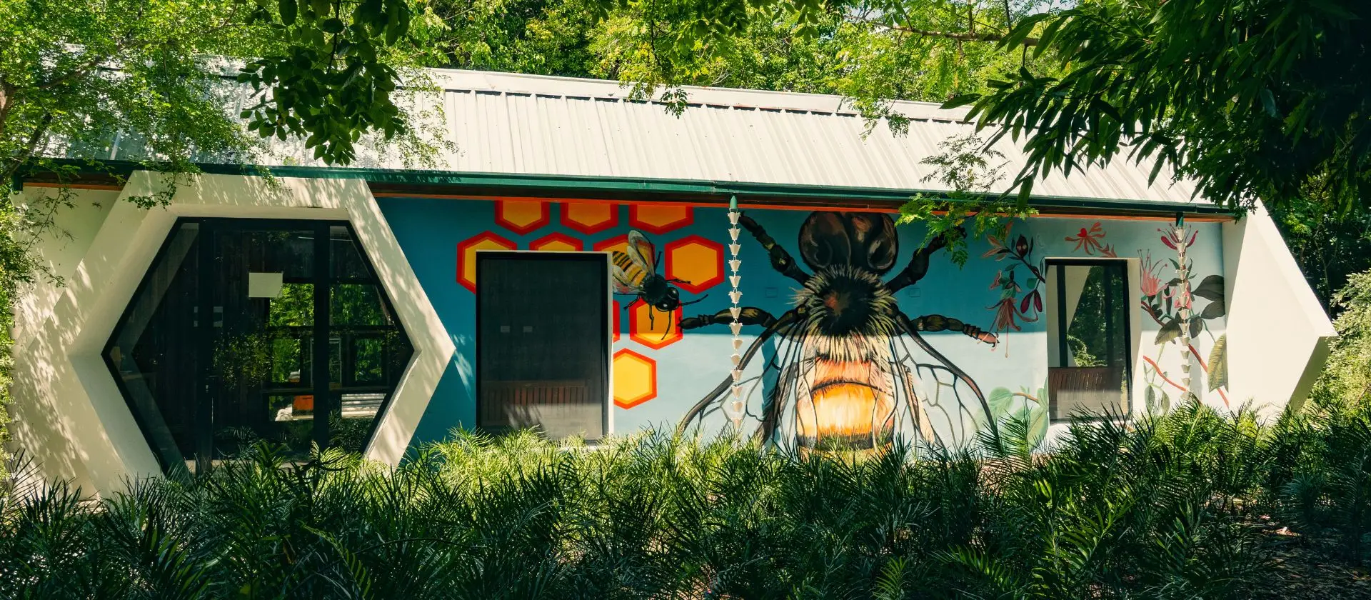 Mural artístico de abeja en la fachada del apiario de Ojos Indígenas, Punta Cana