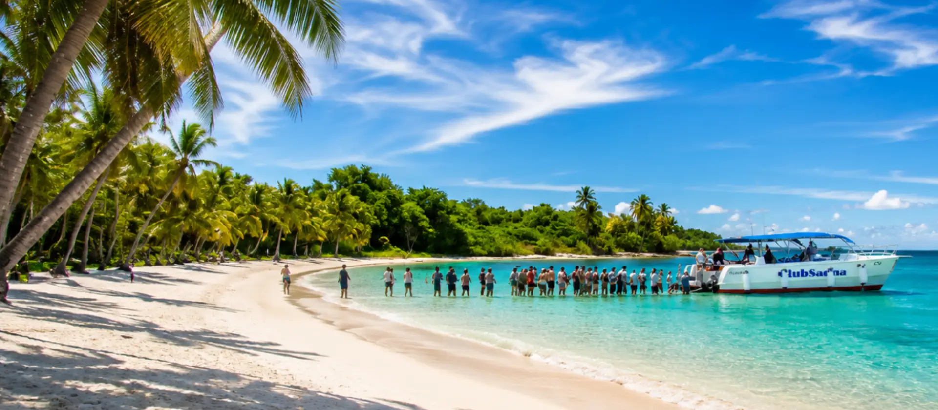 Visitantes saliendo de la playa de Isla Saona en una excursión en barco desde Punta Cana.